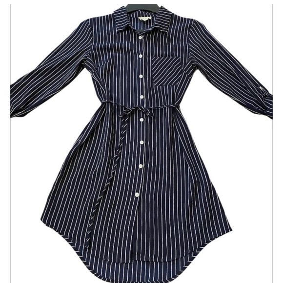 Have Navy and White long sleeves Striped midi Dress Shirt with front tie - Picture 3 of 12